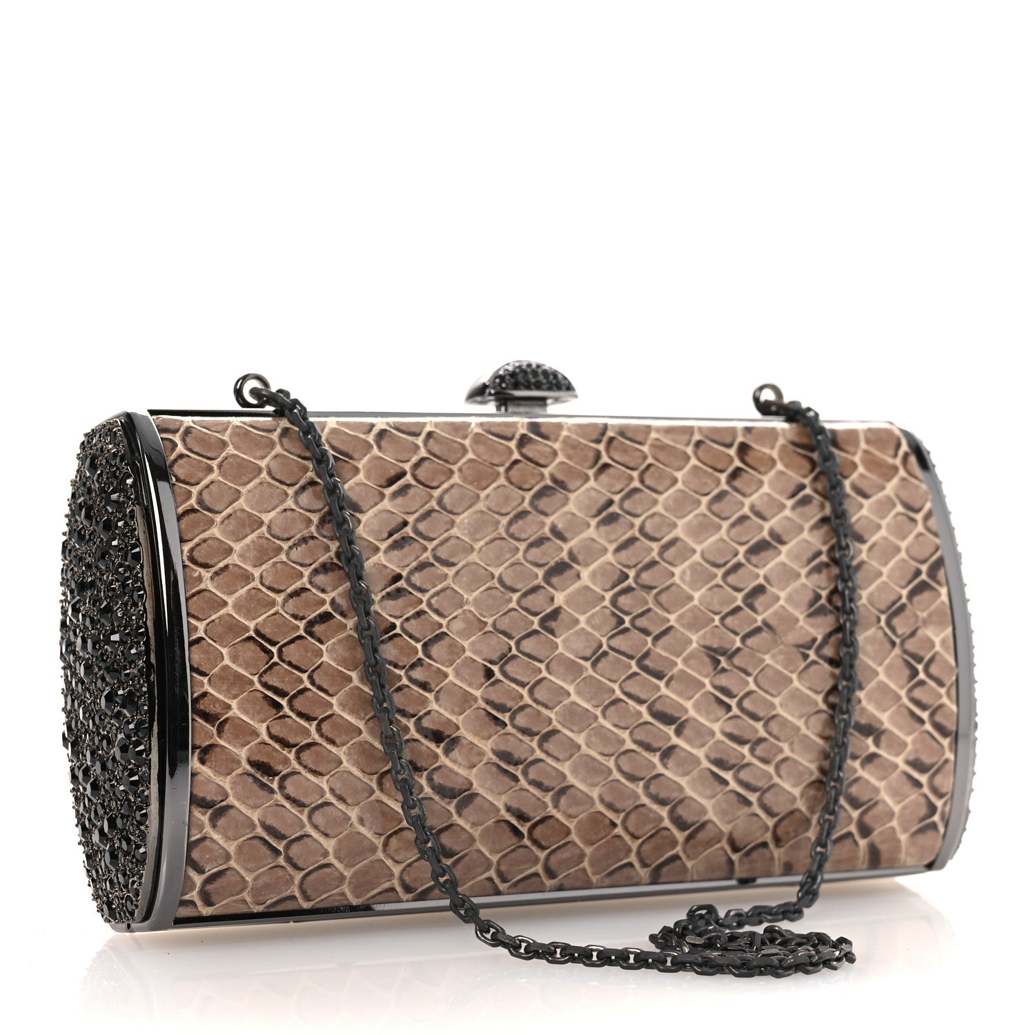 Judith Leiber Snakeskin Crystal Box Clutch Brown Black 3 of 10