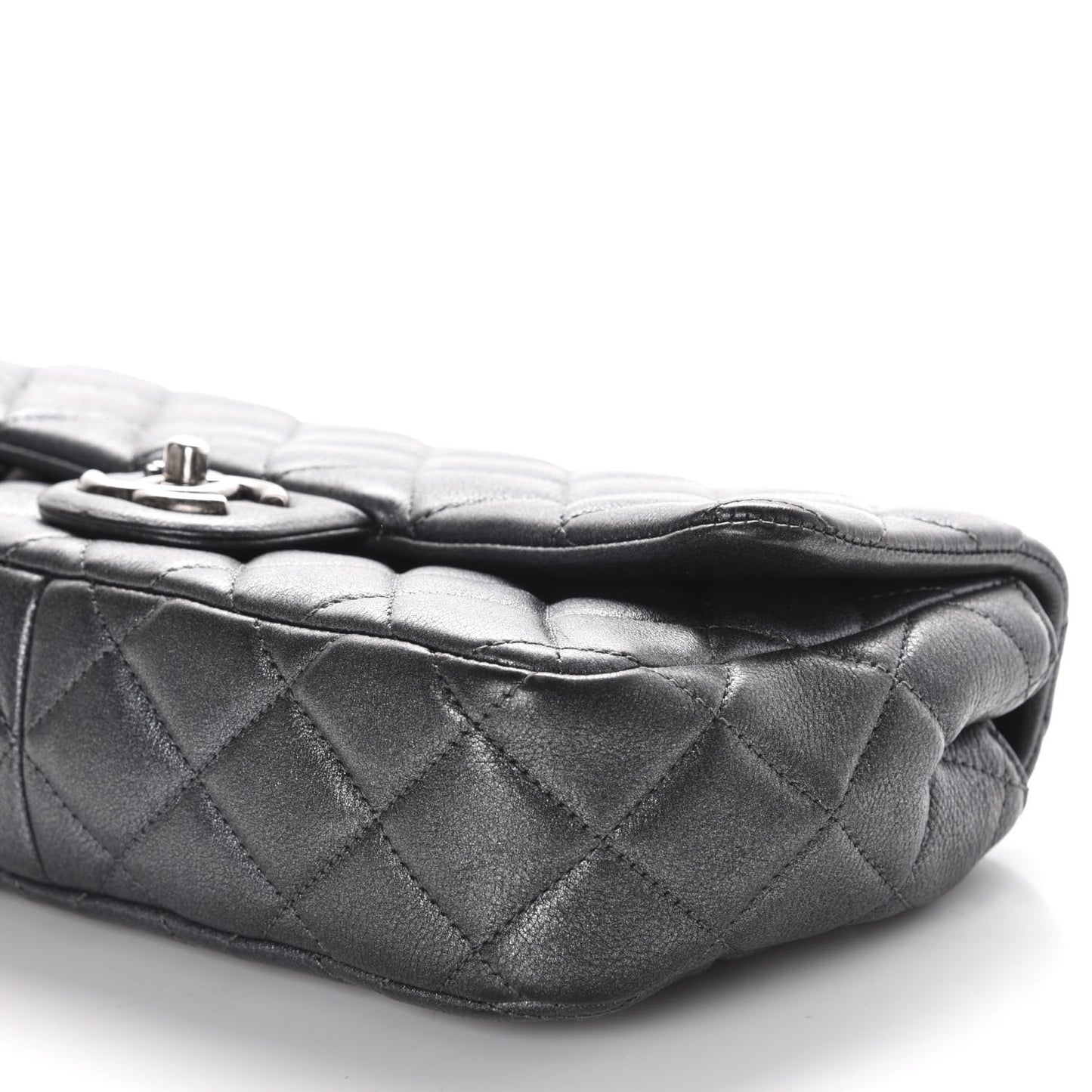 Metallic Calfskin Quilted Medium CC Eyelet Flap Dark Silver