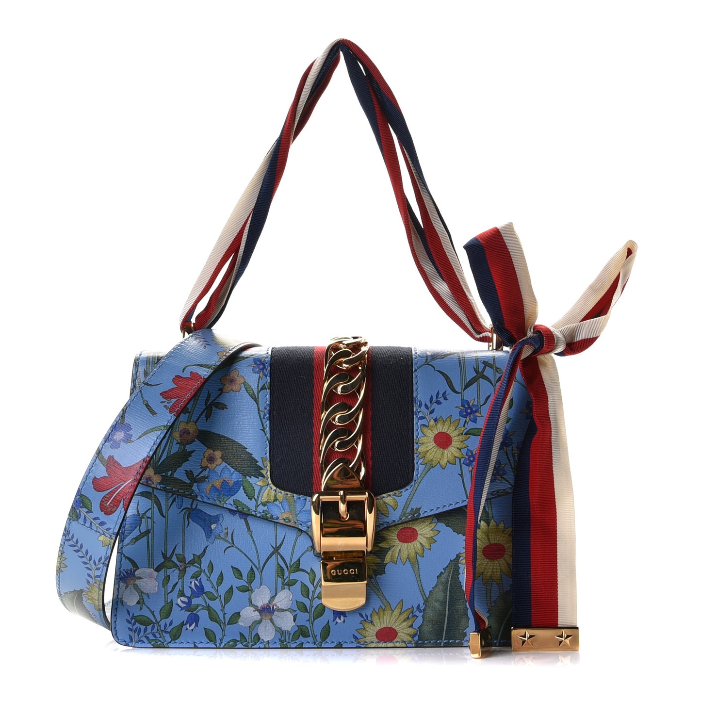 Shangai Calfskin Web New Flora Small Sylvie Shoulder Bag Azure