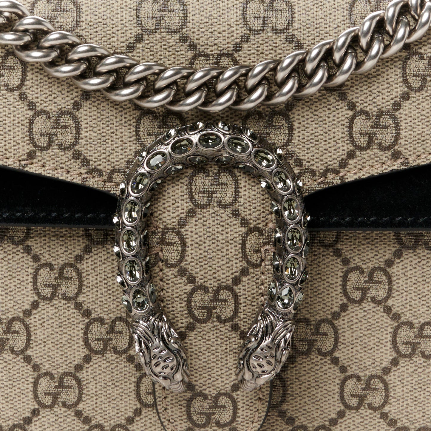 GG Supreme Monogram Suede Crystal Small Dionysus Shoulder Bag Beige Ebony Black