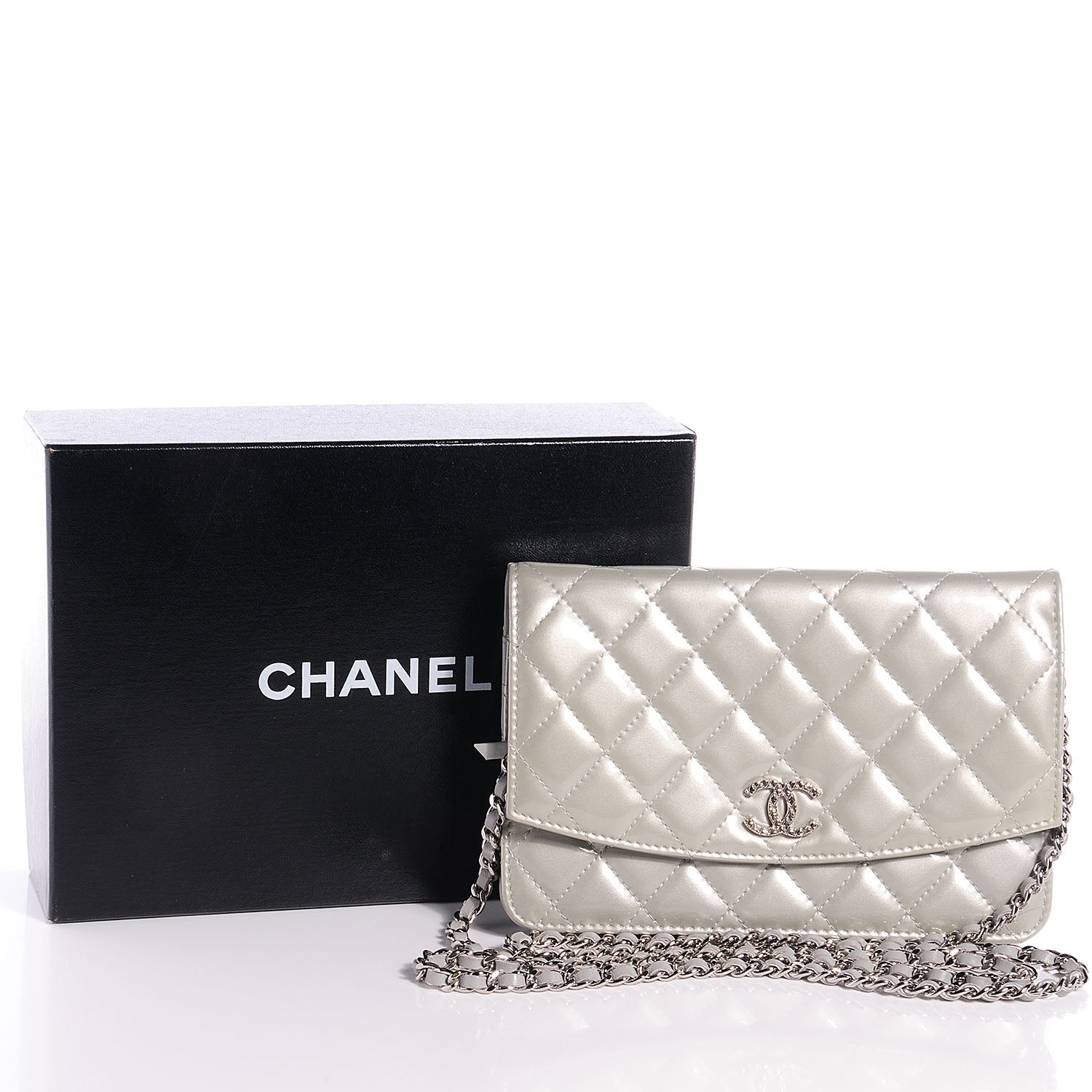 Chanel Patent Quilted Brilliant Wallet On Chain WOC Silver 5 of 9