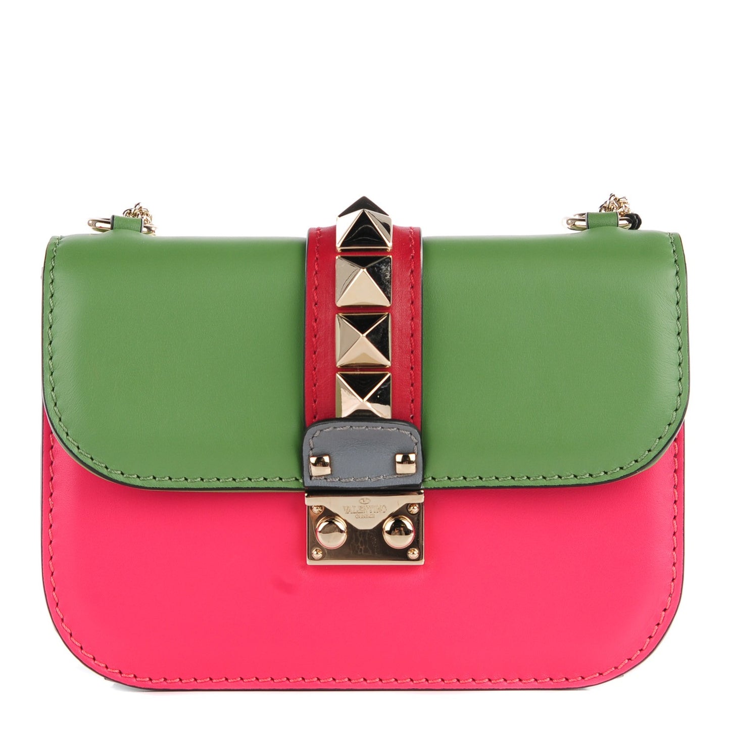 Vitello Small Glam Lock Rockstud Flap Green Deep Rose Grey Scarlet
