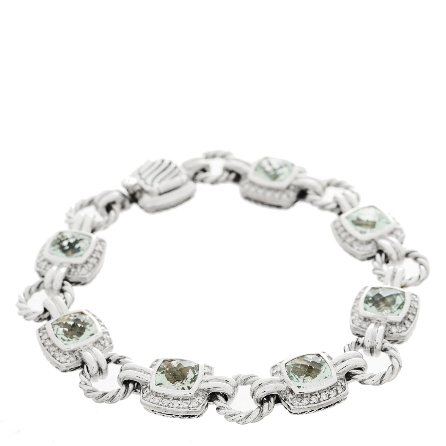 David Yurman Sterling Silver Diamond Prasiolite Albion Cable Link Bracelet 1 of 3