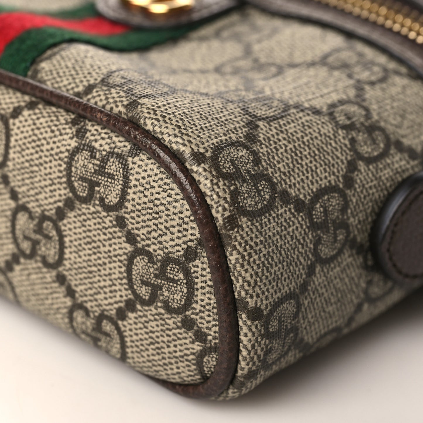 GG Supreme Monogram Textured Calfskin Web Mini Ophidia Top Handle Bag Beige Ebony New Acero