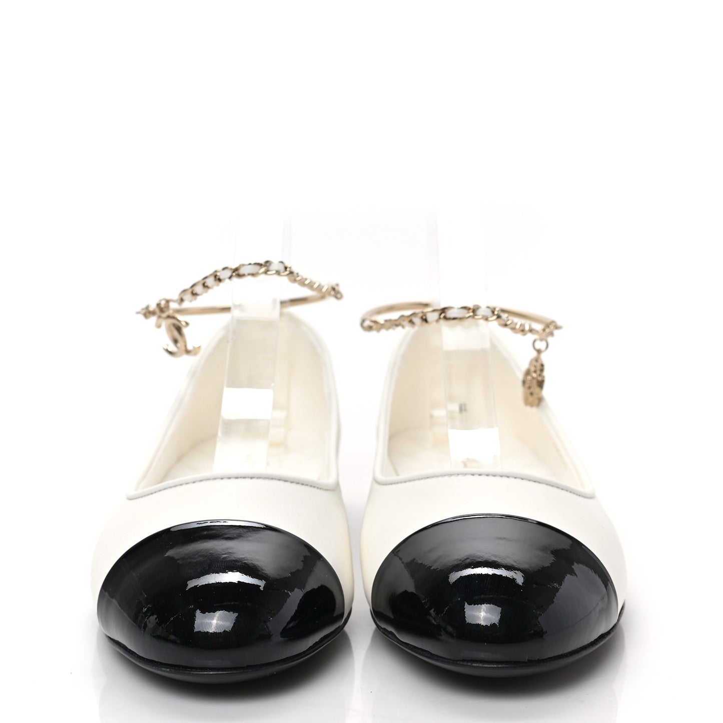 Lambskin Patent Calfskin Cap Toe Ankle Chain Ballerina Flats 38 White Black
