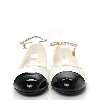 Chanel Lambskin Patent Calfskin Cap Toe Ankle Chain Ballerina Flats 38 White Black 2 of 8