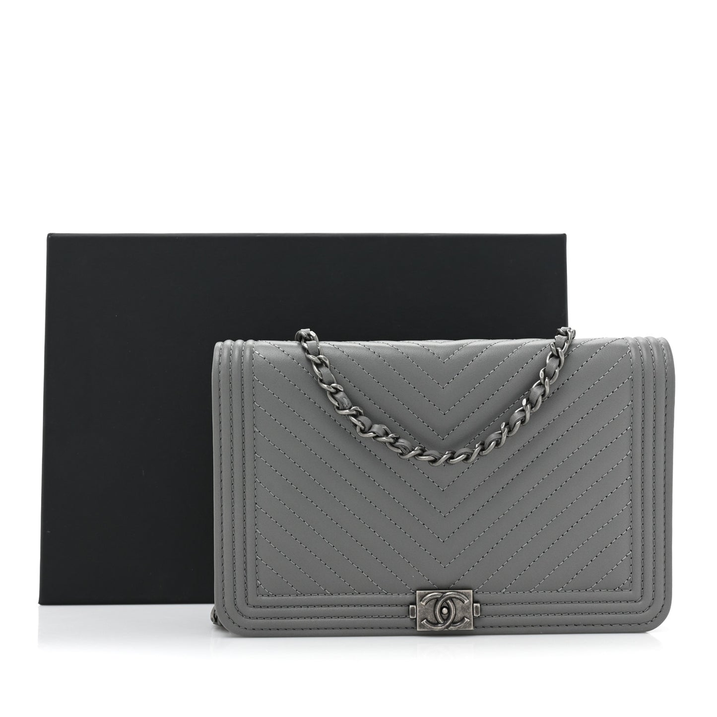 Calfskin Chevron Quilted Boy Wallet On Chain WOC Grey