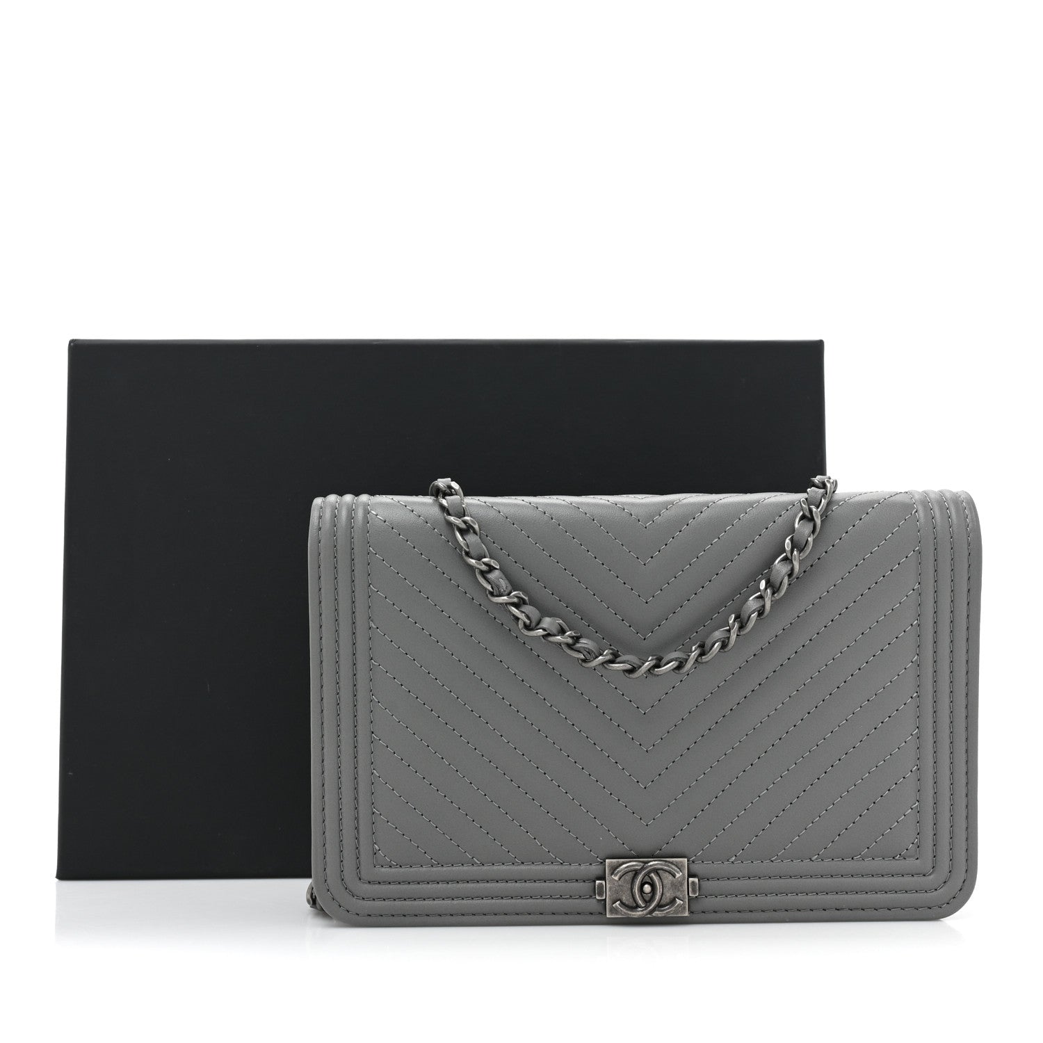 Chanel Calfskin Chevron Quilted Boy Wallet On Chain WOC Grey 2 of 14