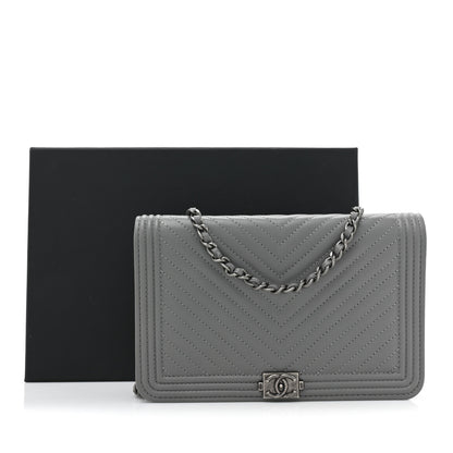 Chanel Calfskin Chevron Quilted Boy Wallet On Chain WOC Grey 2 of 14