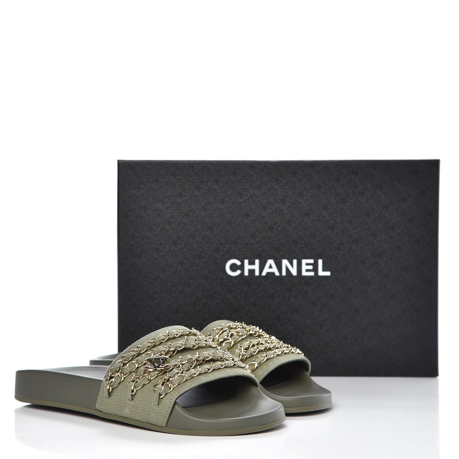 Chanel Canvas Chain Flat Sandals 38 Khaki 11 of 11