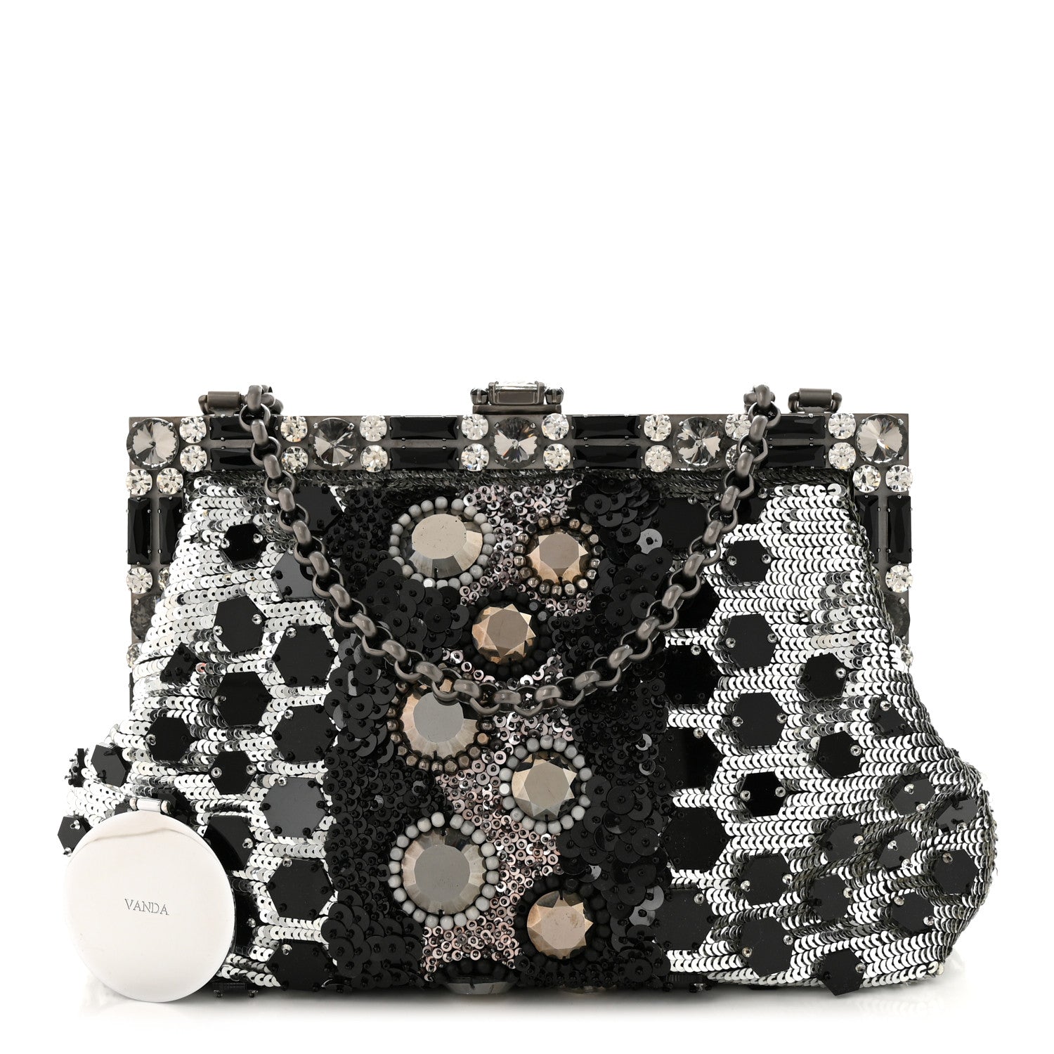 Dolce & Gabbana Satin Sequin Crystal Embellished Vanda Circles Chain Clutch Black 1 of 11