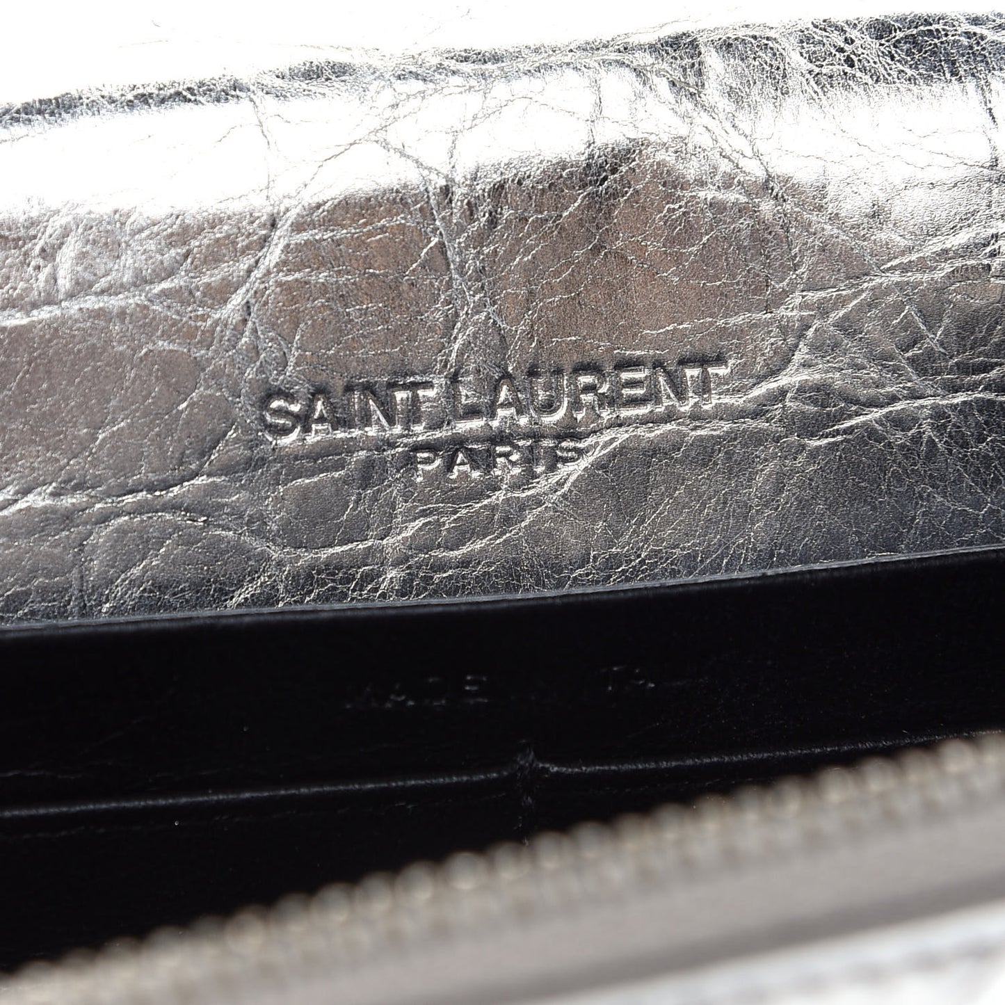 Metallic Crackled Calfskin Kate Monogram Tassel Chain Wallet Argento