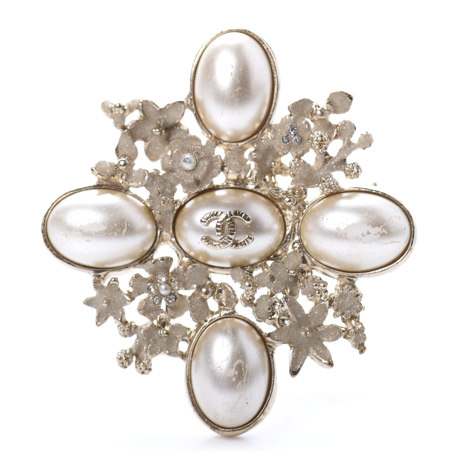 Chanel Crystal Mother of Pearl CC Flower Brooch Gold 1 of 4