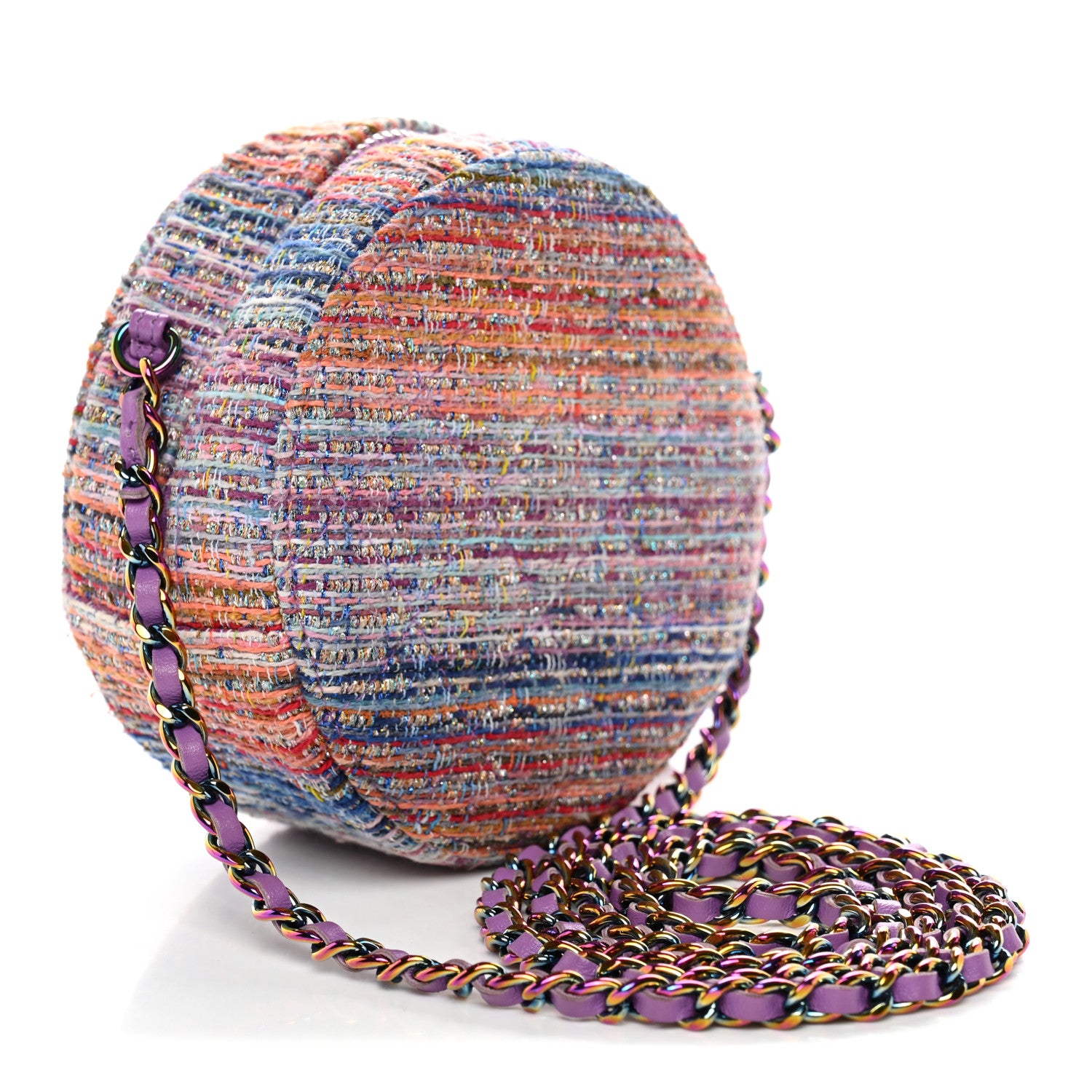 Chanel Tweed Quilted Round Clutch With Chain Blue Pink Orange 3 of 10