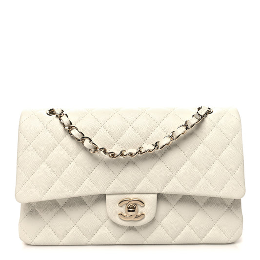 Caviar Quilted Medium Double Flap White