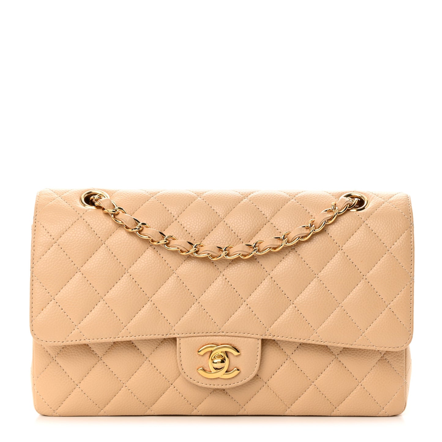 Caviar Quilted Medium Double Flap Beige