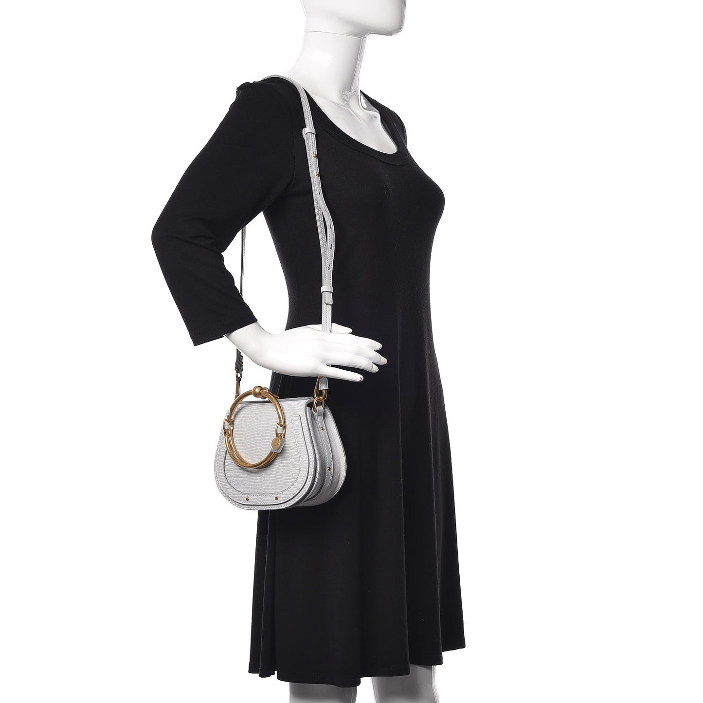 Calfskin Suede Lizard Embossed Small Nile Bracelet Bag Light Cloud