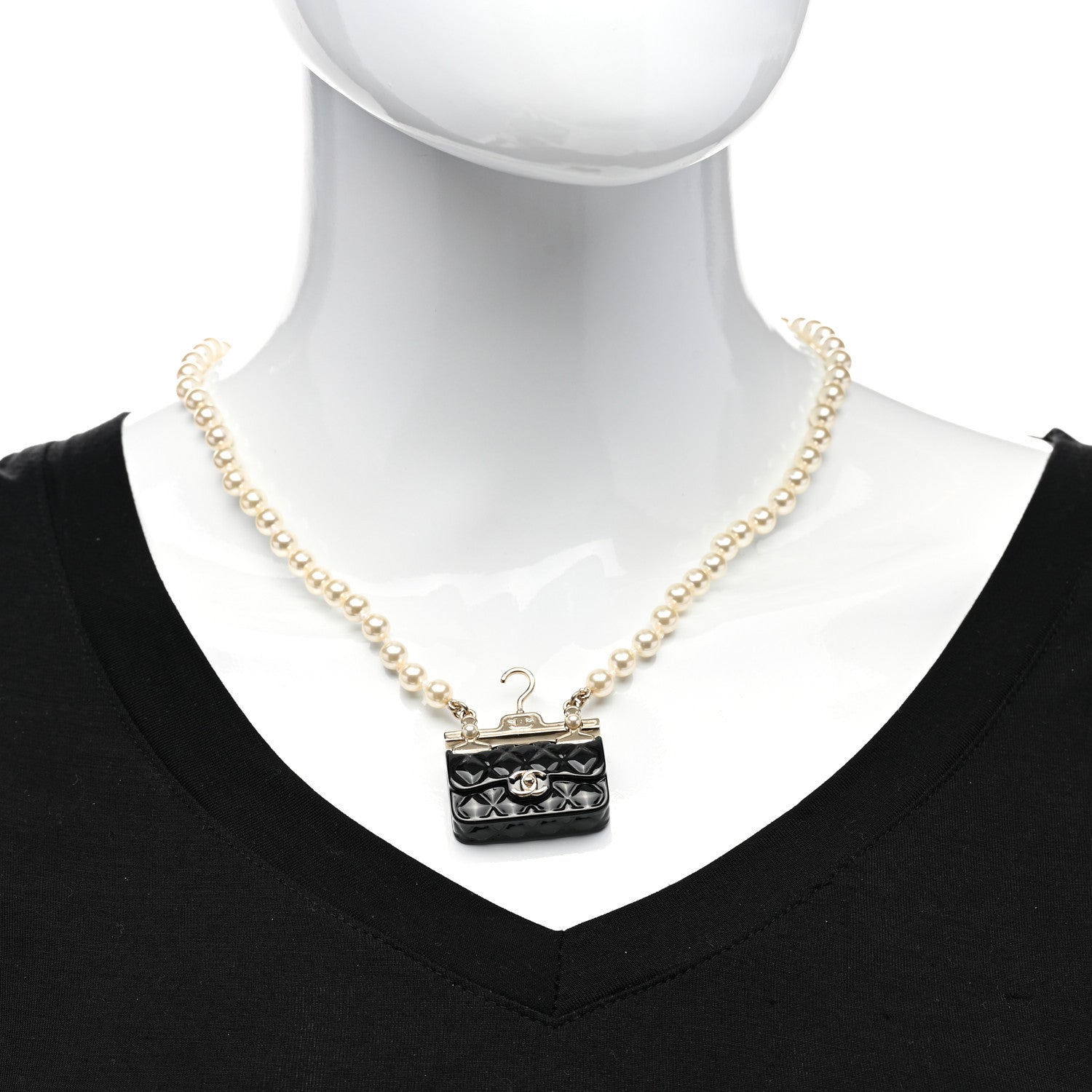 Chanel Pearl Metal Resin Quilted Flap Bag Necklace Gold Black Pearly White 1 of 5