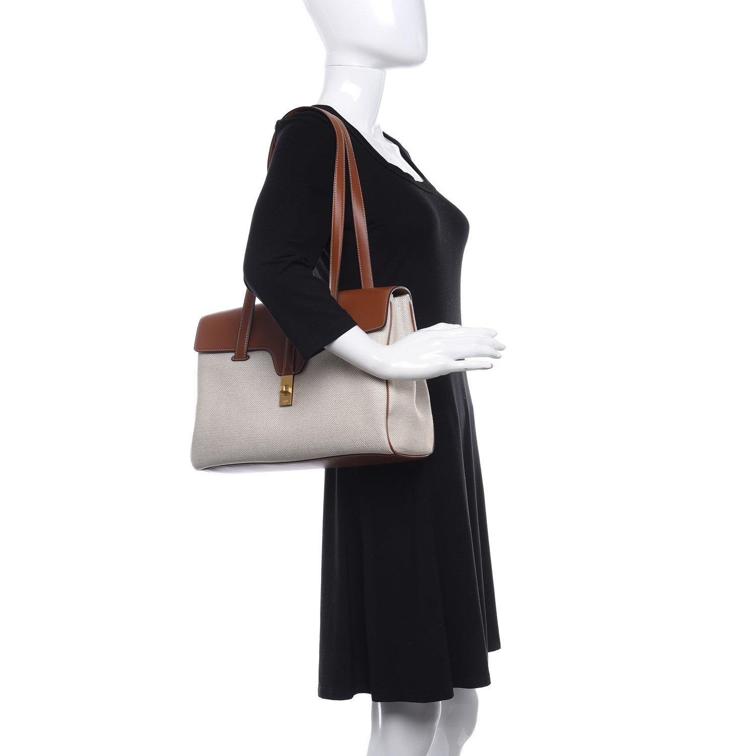 Celine Canvas Calfskin Medium Soft 16 Top Handle Bag Tan White 2 of 8