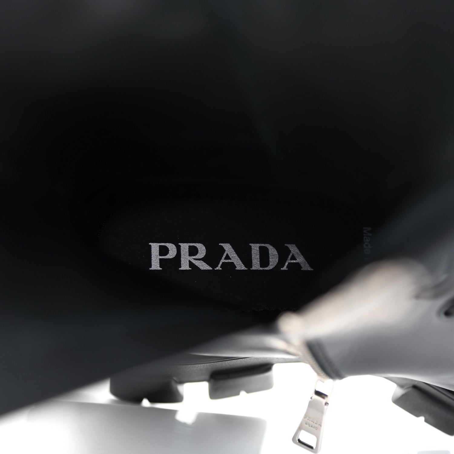 Prada Vitello Lux Nylon Metal Triangle Logo Monolith Pouch Pocket 55mm Tall Combat Boots 37.5 Black 10 of 15