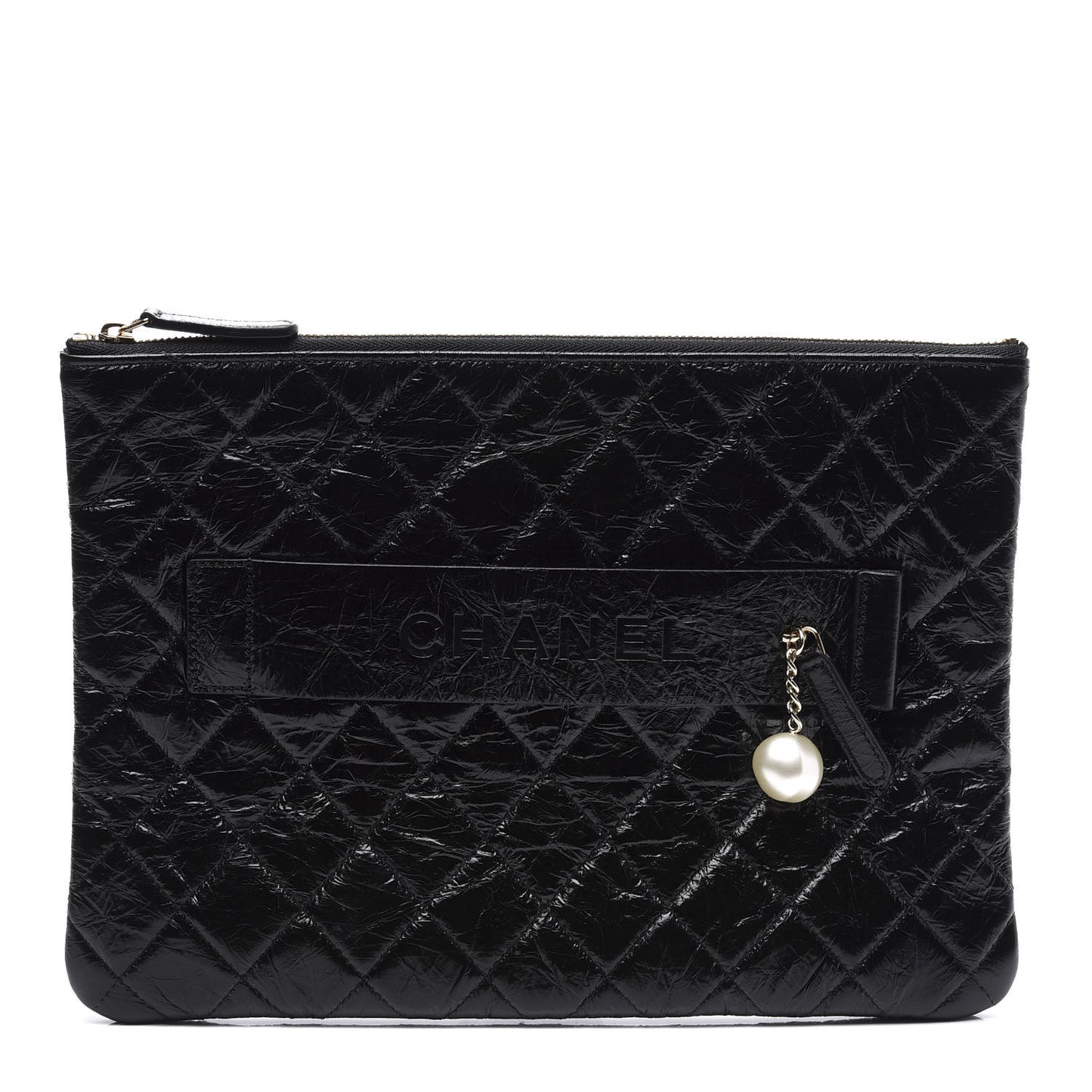 Shiny Crumpled Calfskin Quilted Medium Night by the C Pouch Clutch Black