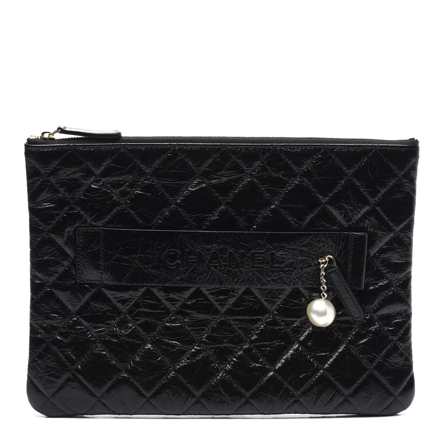 Chanel Shiny Crumpled Calfskin Quilted Medium Night by the C Pouch Clutch Black 1 of 9