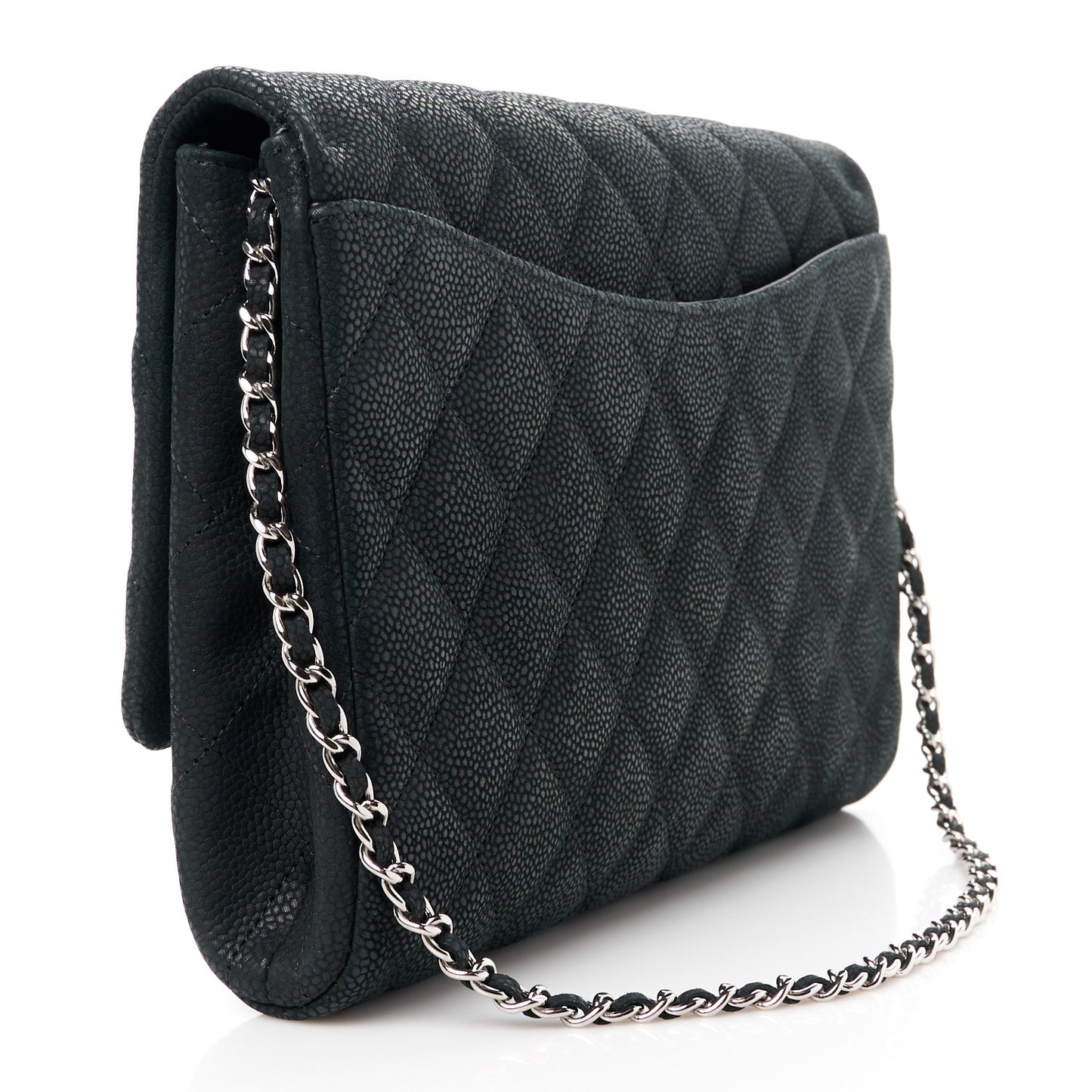 Iridescent Caviar Quilted Clutch With Chain Flap Black