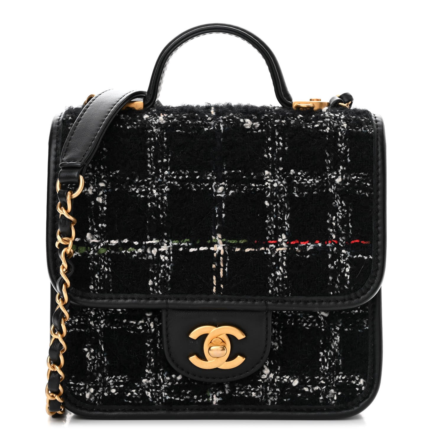 Chanel Tweed Calfskin School Memory Mini Top Handle Flap Black White Red Green Beige 1 of 11