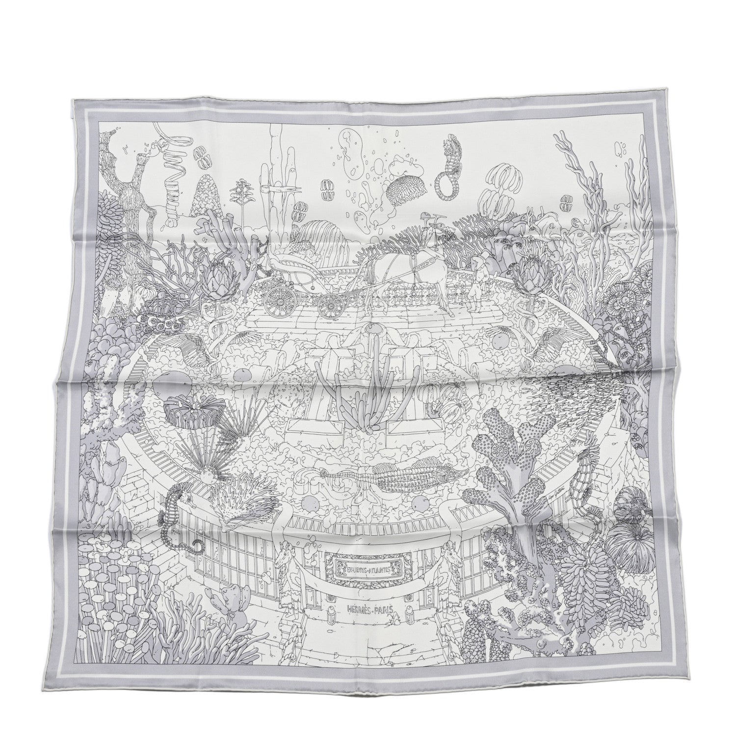 Hermes Vintage Silk Ex Libris Atlantis Scarf 70 White Gris Mastic 1 of 5