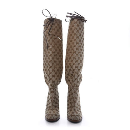 Gucci Monogram Malaga Kid Lisa Mid Heel Boots 38 Beige Ebony 2 of 9