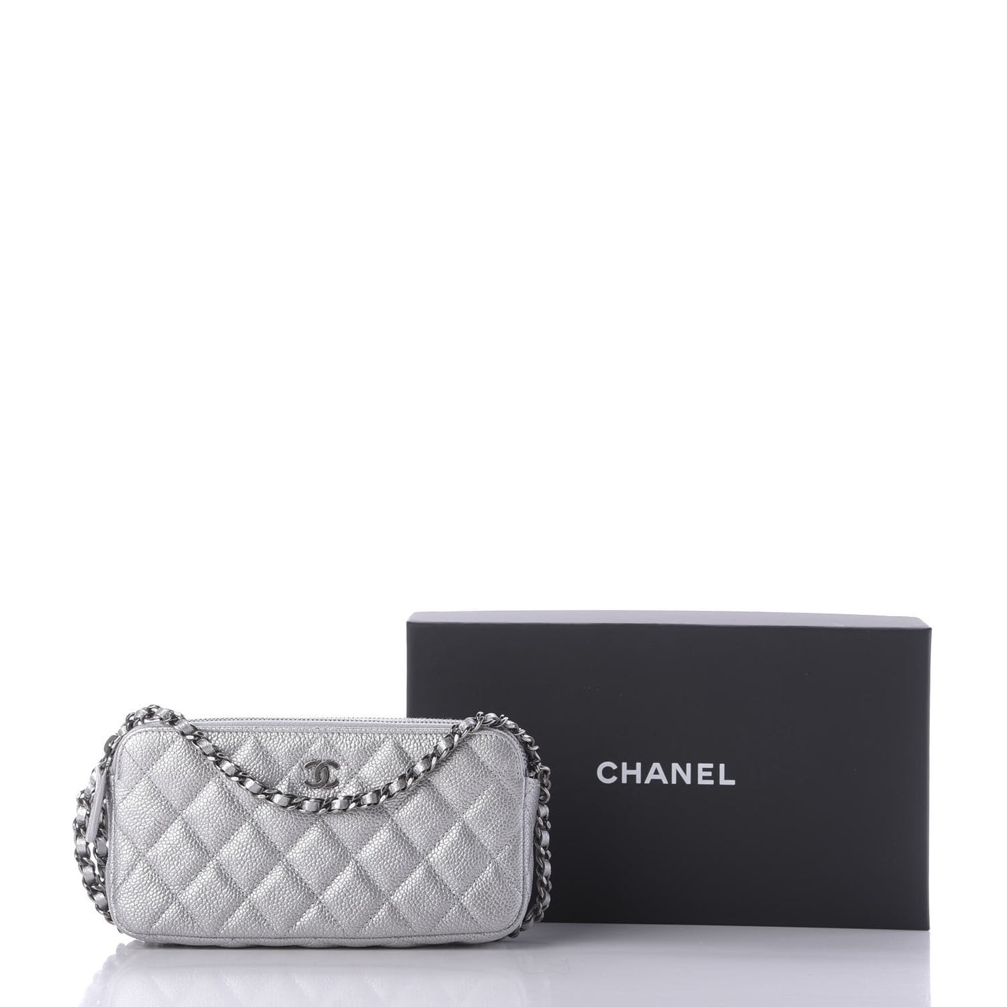 Metallic Caviar Quilted Small Clutch With Chain Silver