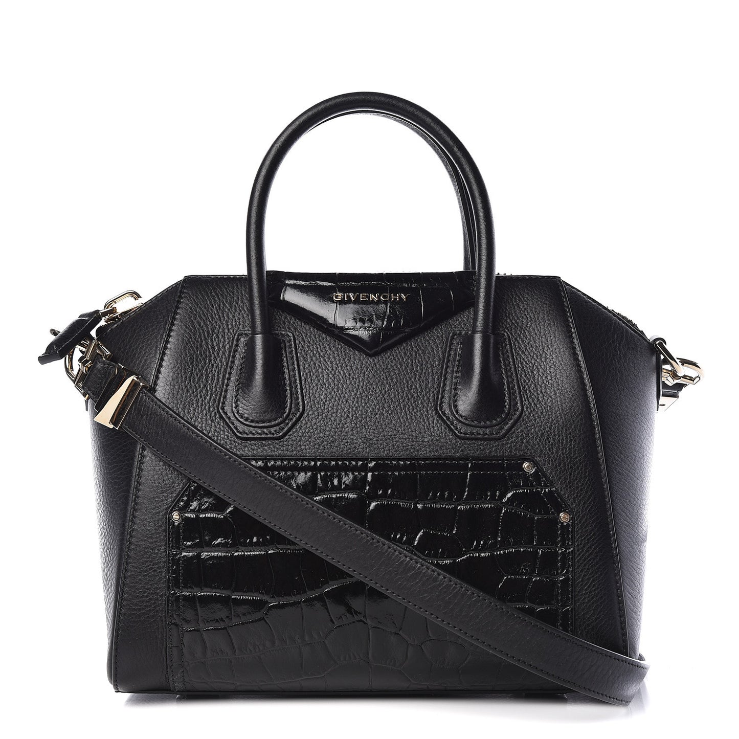 Grained Calfskin Crocodile Embossed Inlay Small Antigona Black