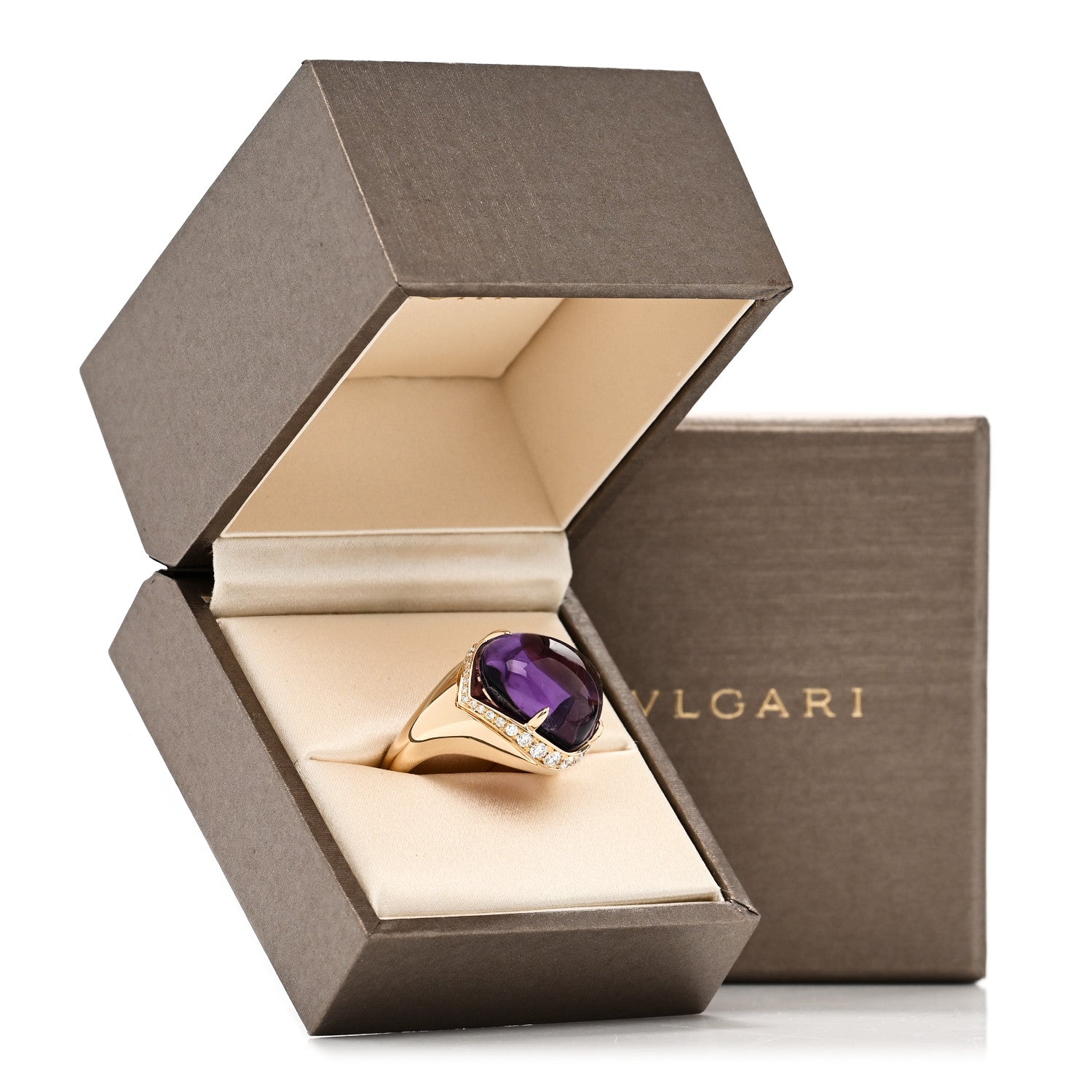 Bulgari 18K Yellow Gold Diamond Amethyst Sassi Ring 55 7.25 7 of 7
