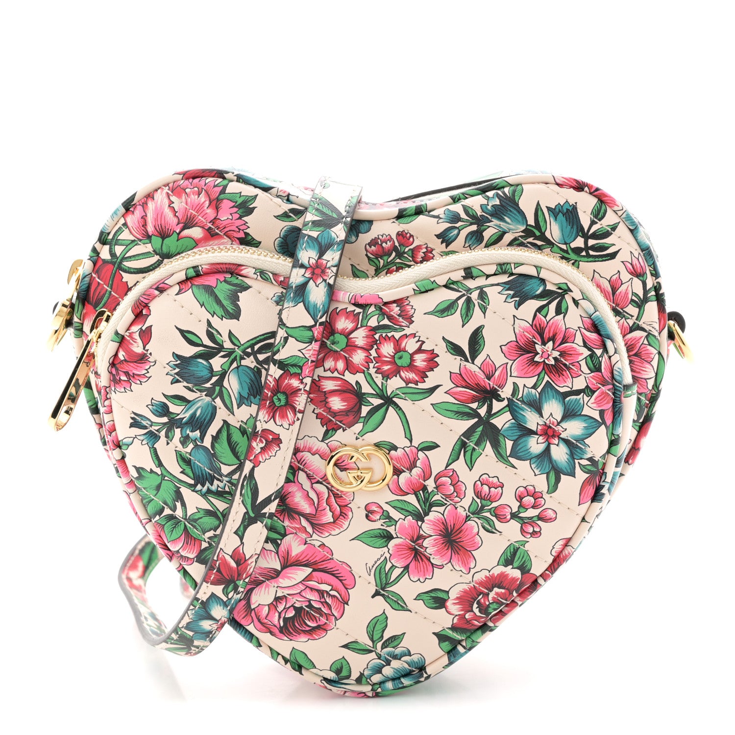 Gucci Calfskin Matelasse Diagonal Brit Roses Print Mini Interlocking G Heart Shoulder Bag White Multicolor 1 of 21