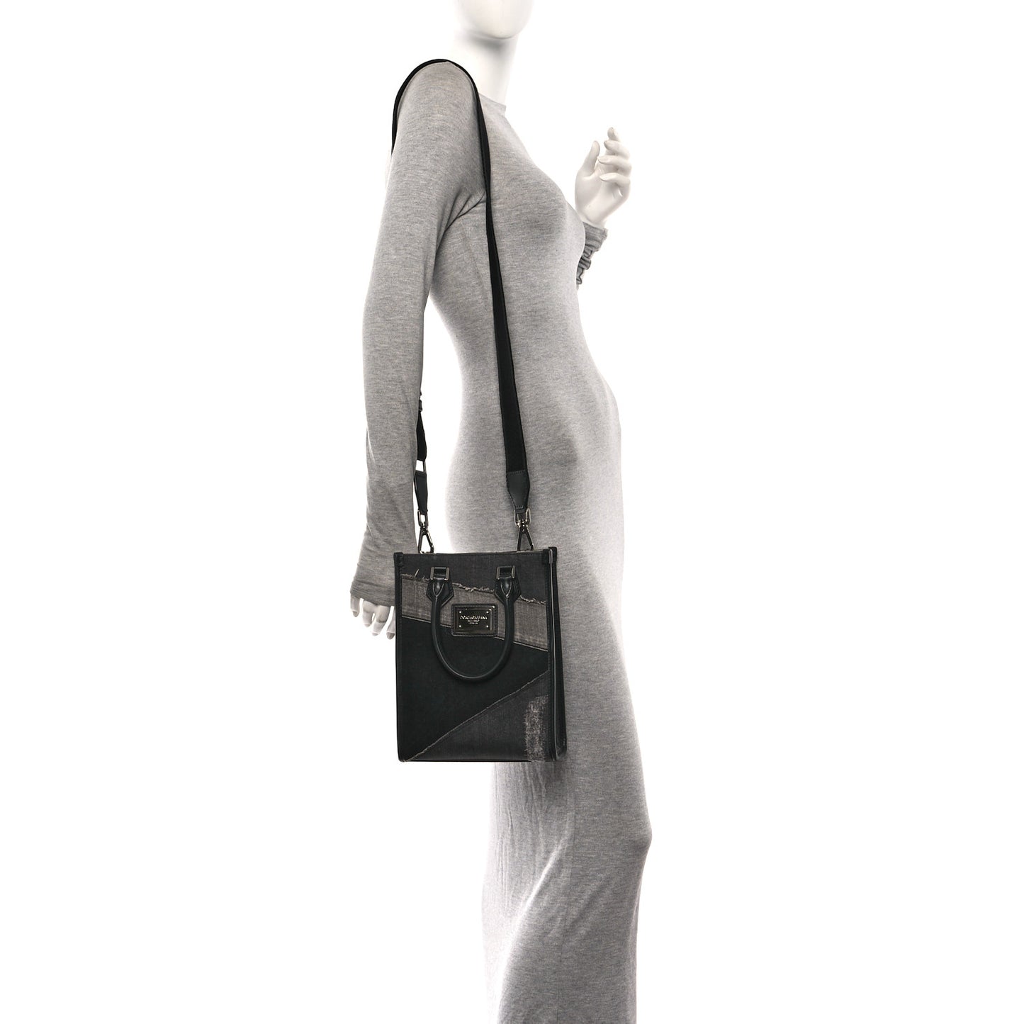 Denim Patchwork Small Logo Shopper Tote Black