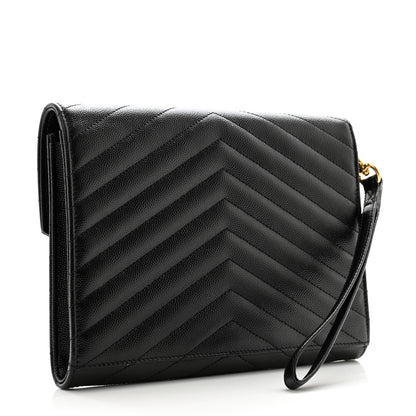 Saint Laurent Grain De Poudre Matelasse Chevron Monogram Envelope Clutch Black 3 of 9