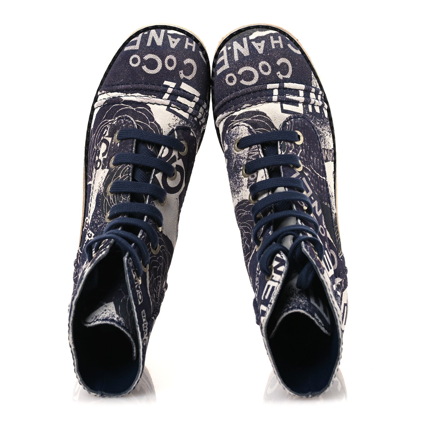 Suede Calfskin Printed CC 31 Rue Cambon Lace Up Combat Boots 39.5 White Navy