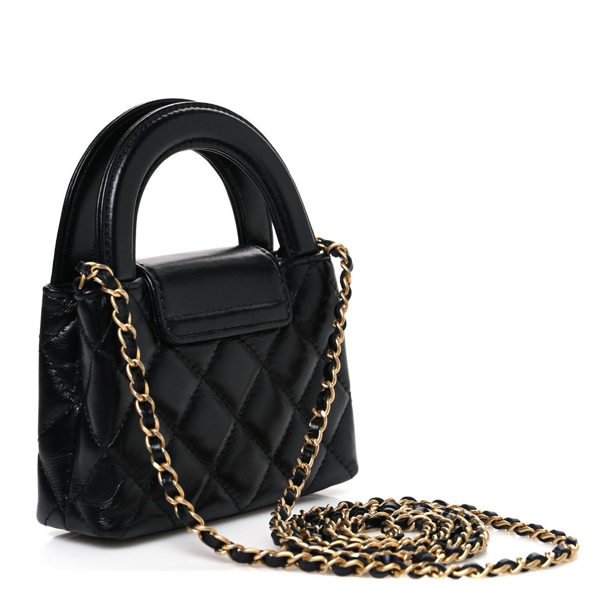 Shiny Aged Calfskin Quilted Mini Nano Kelly Shopper Black