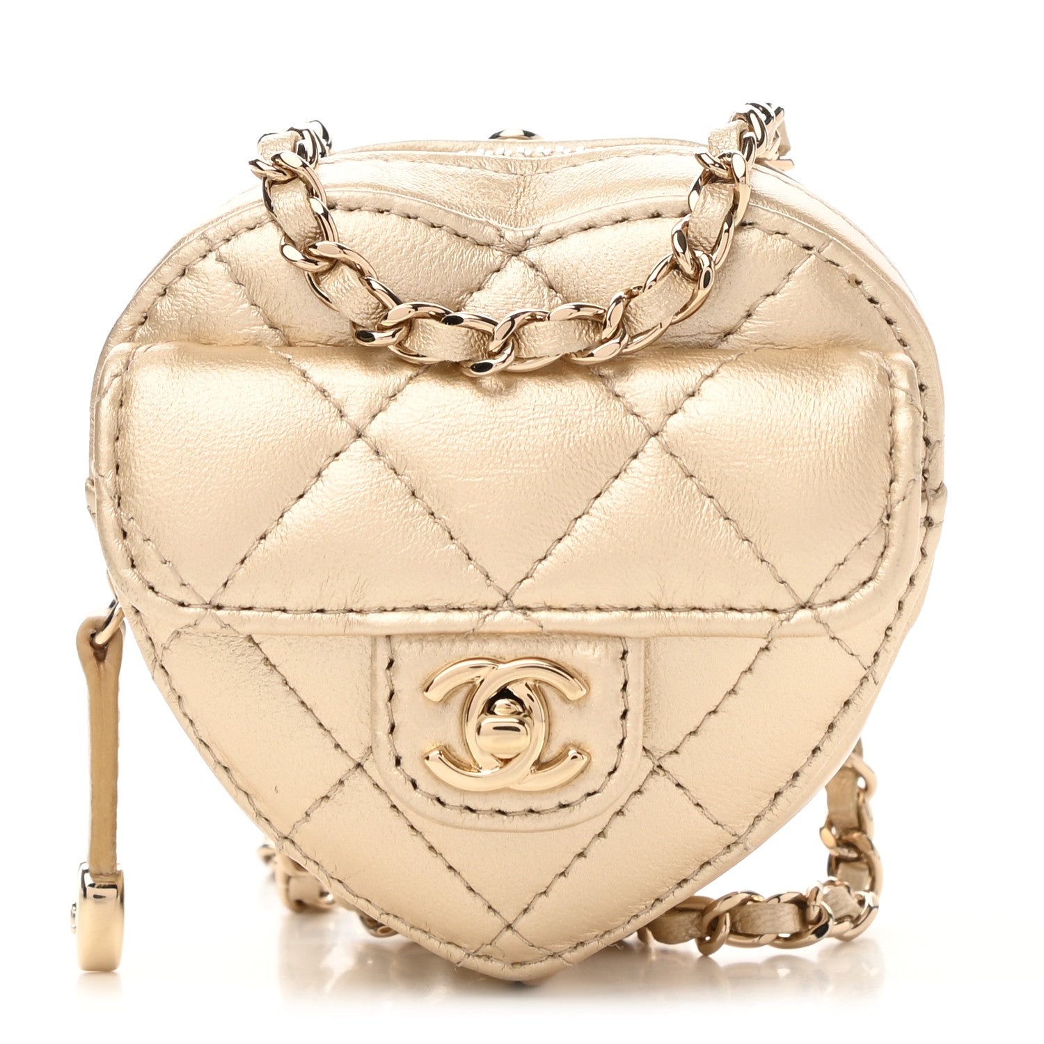 Chanel Metallic Lambskin Quilted CC In Love Heart Coin Purse With Chain Gold 1 of 11
