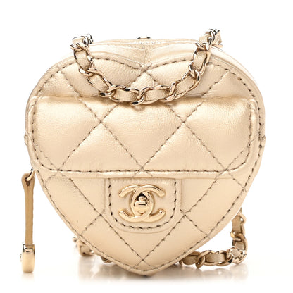 Chanel Metallic Lambskin Quilted CC In Love Heart Coin Purse With Chain Gold 1 of 11