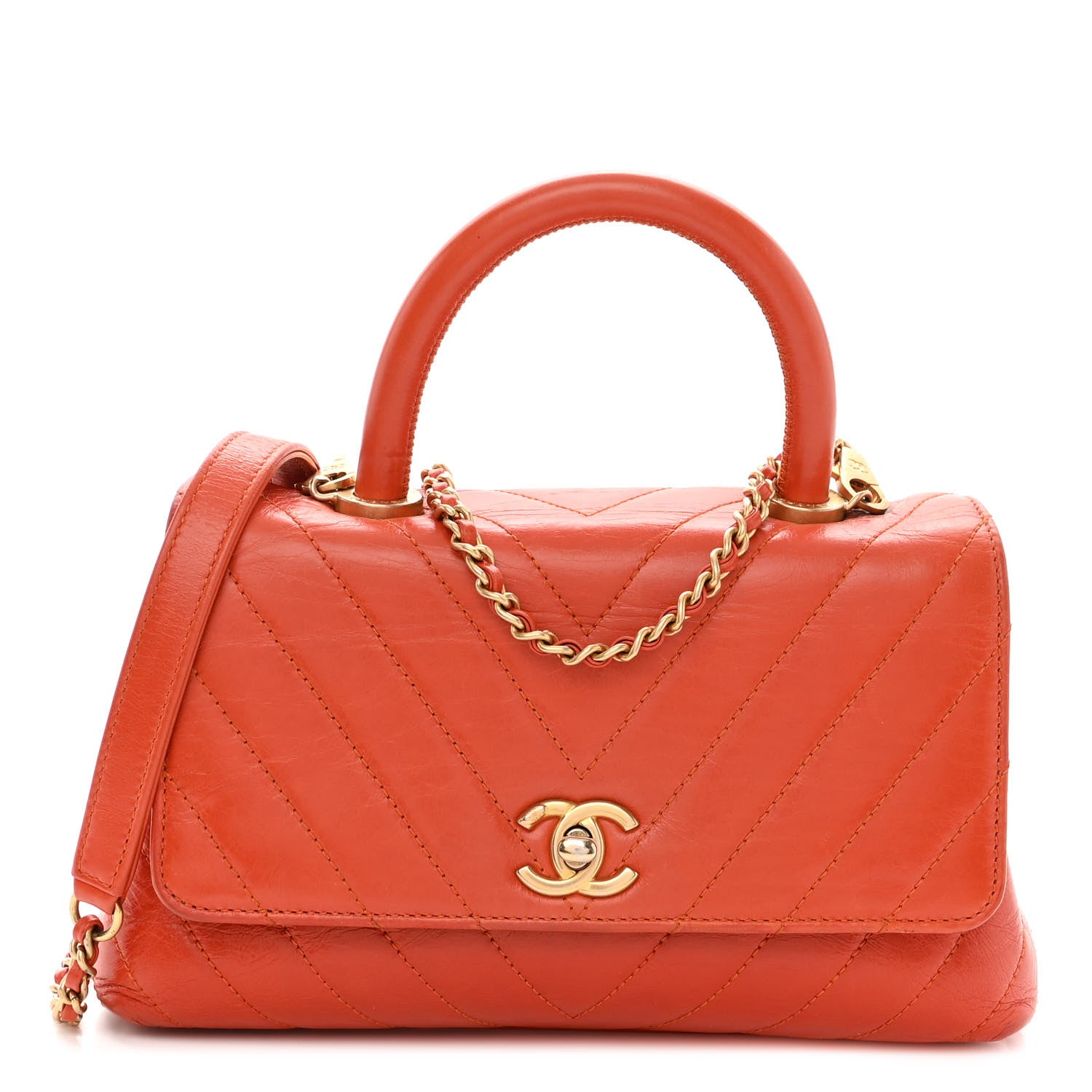 Chanel Calfskin Chevron Quilted Mini Coco Handle Flap Orange 1 of 12