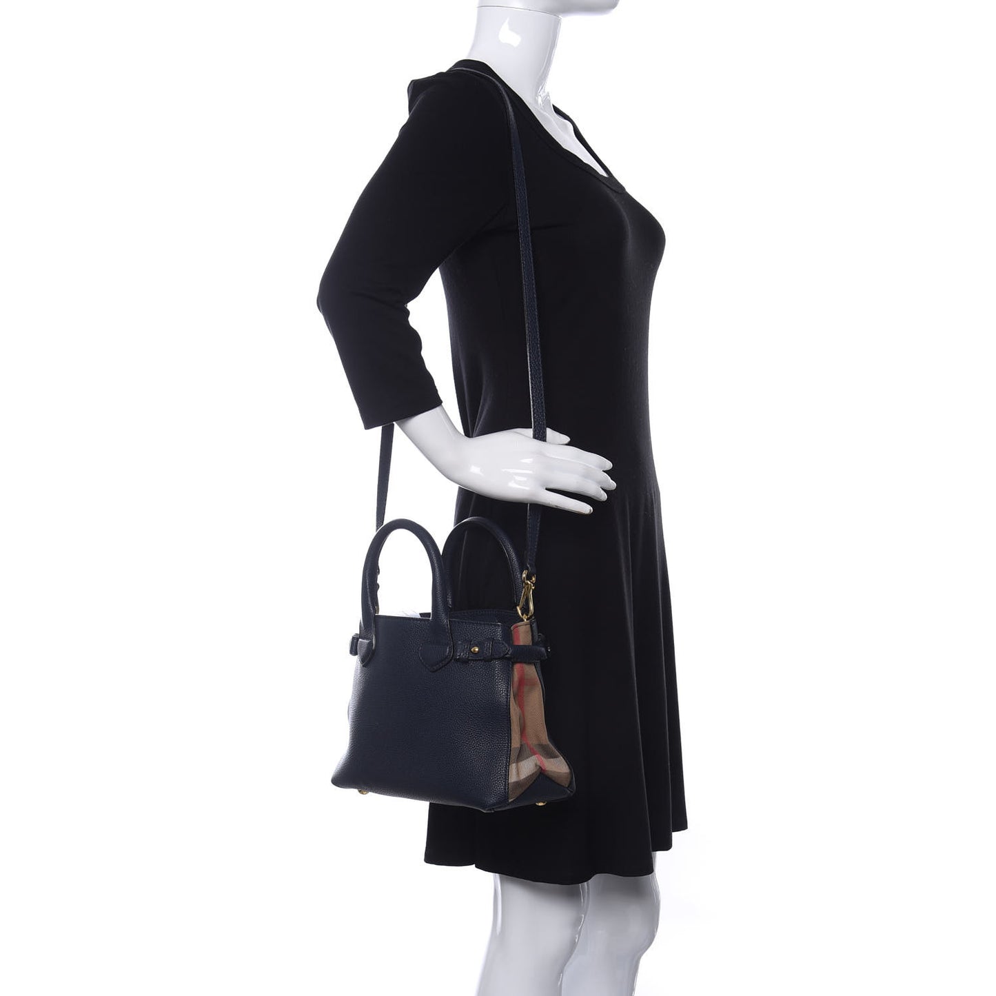 Grainy Calfskin House Check Small Banner Tote Midnight Blue