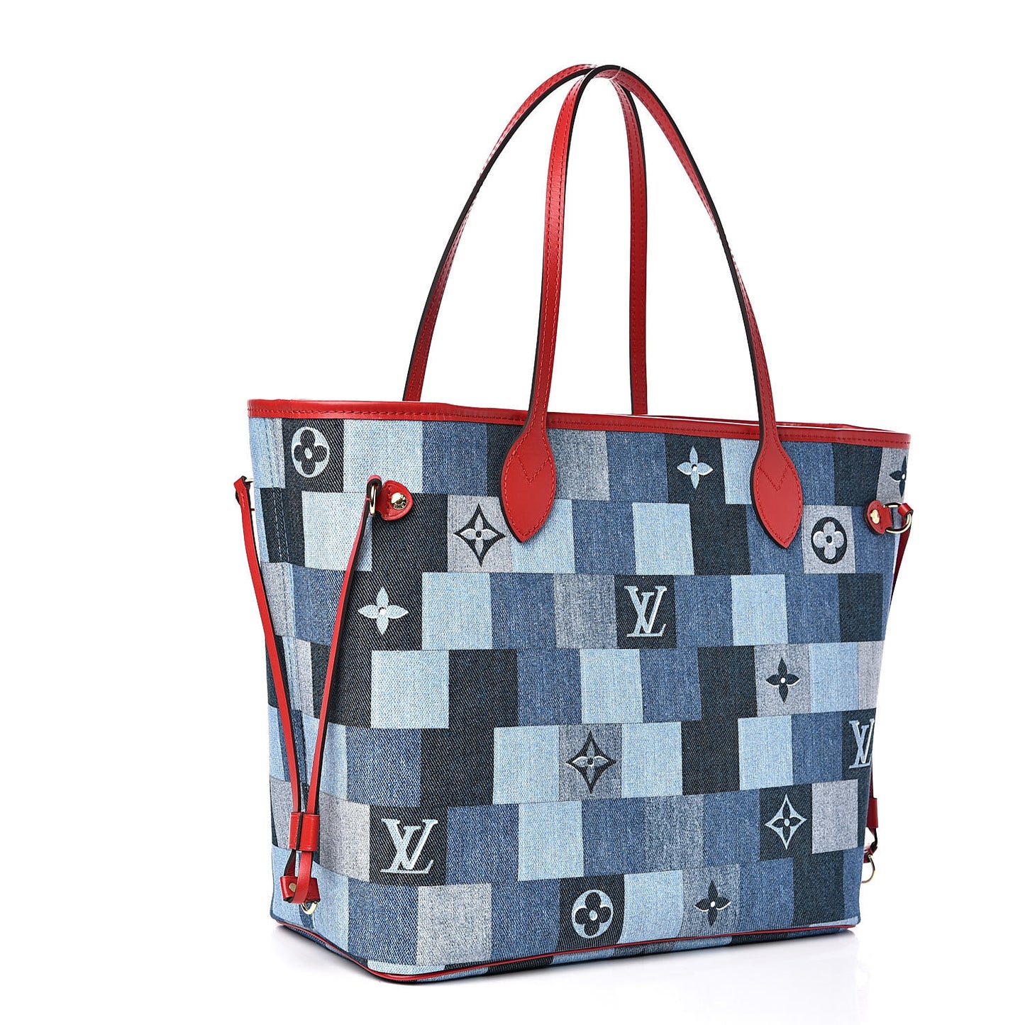 Denim Damier Monogram Patchwork Neverfull Blue Rouge