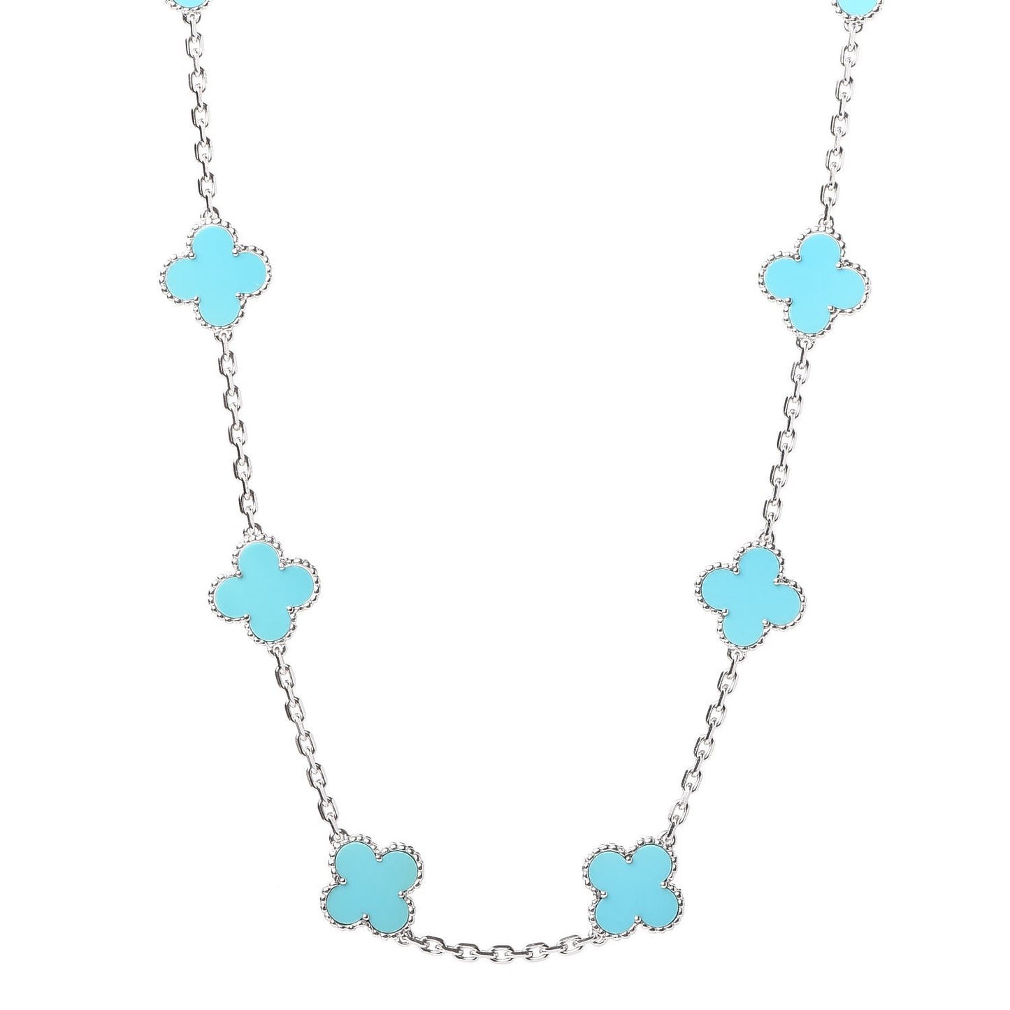 18K White Gold Turquoise 10 Motifs Vintage Alhambra Necklace