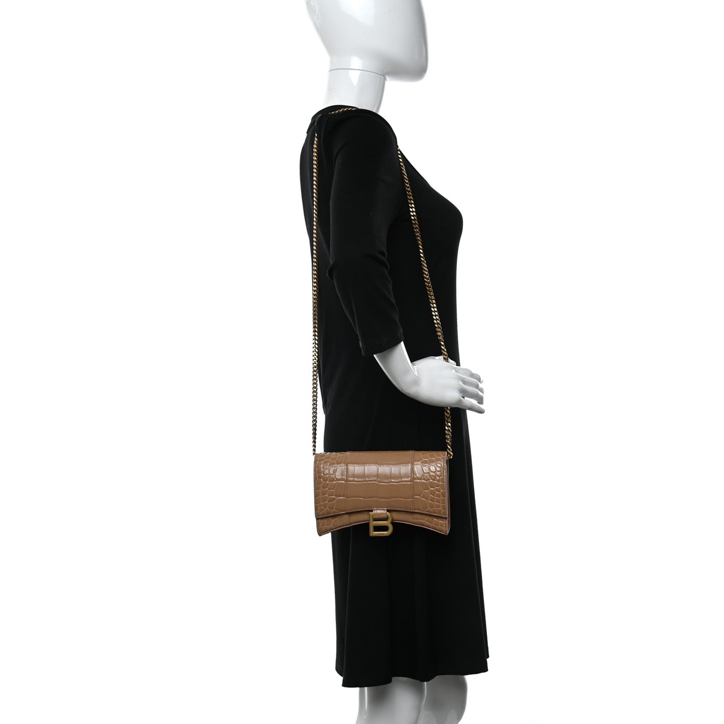 Shiny Calfskin Crocodile Embossed Hourglass Chain Bag Nude Beige