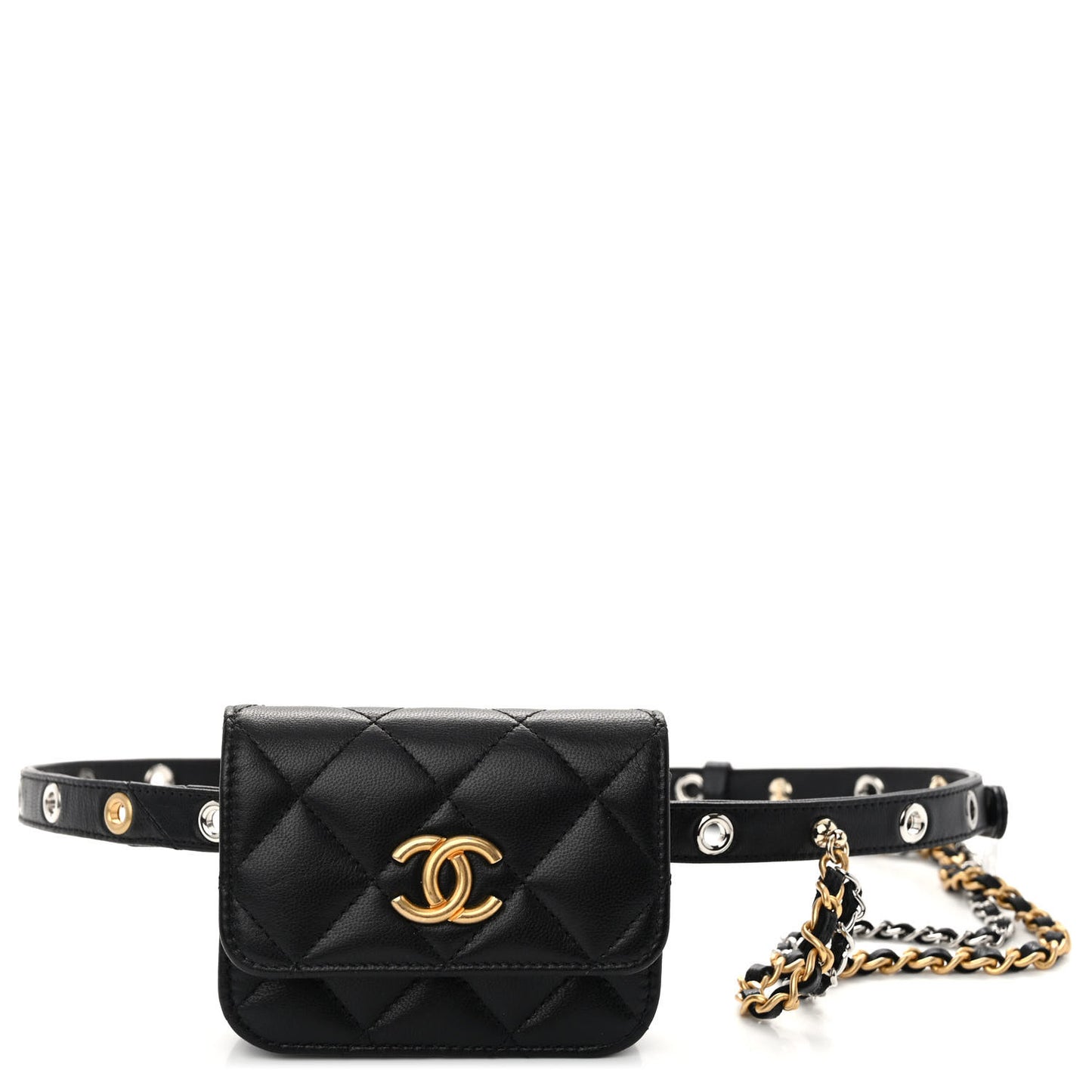 Goatskin Quilted Punk Essentials Chain Mini Flap Belt Bag Black