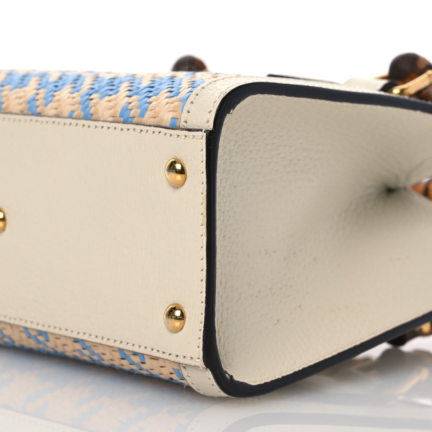 Raffia Textured Dollar Calfskin Web Houndstooth Mini Diana Tote Bag Light Blue Natural Deep Orange