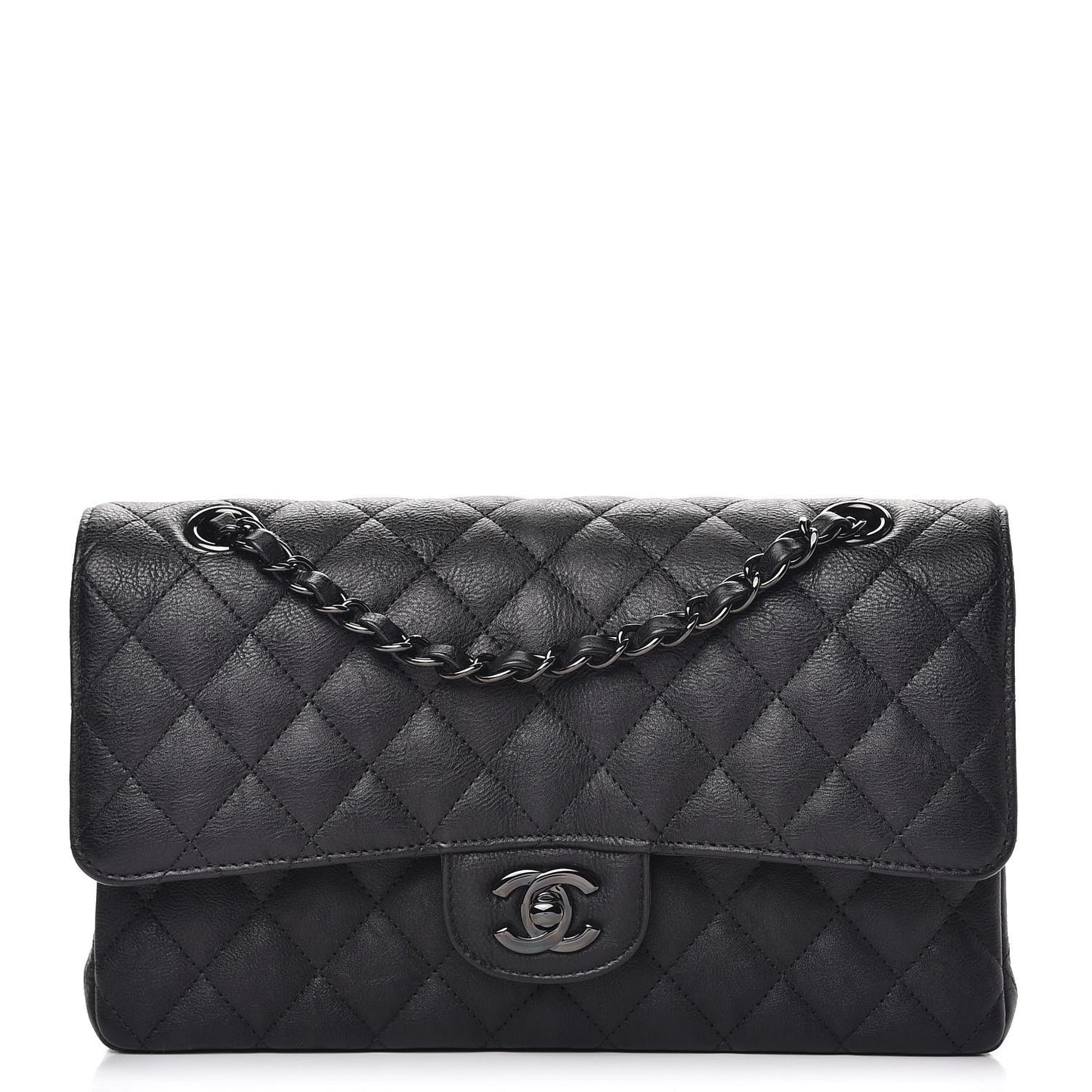 Crumpled Calfskin Quilted Medium Double Flap So Black