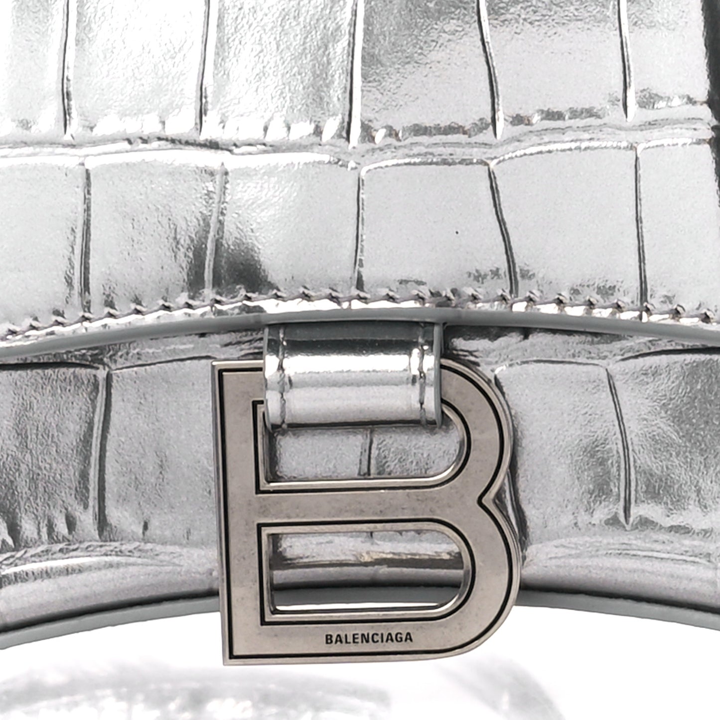 Metallic Shiny Calfskin Crocodile Embossed Hourglass Top Handle Bag XS Aluminum