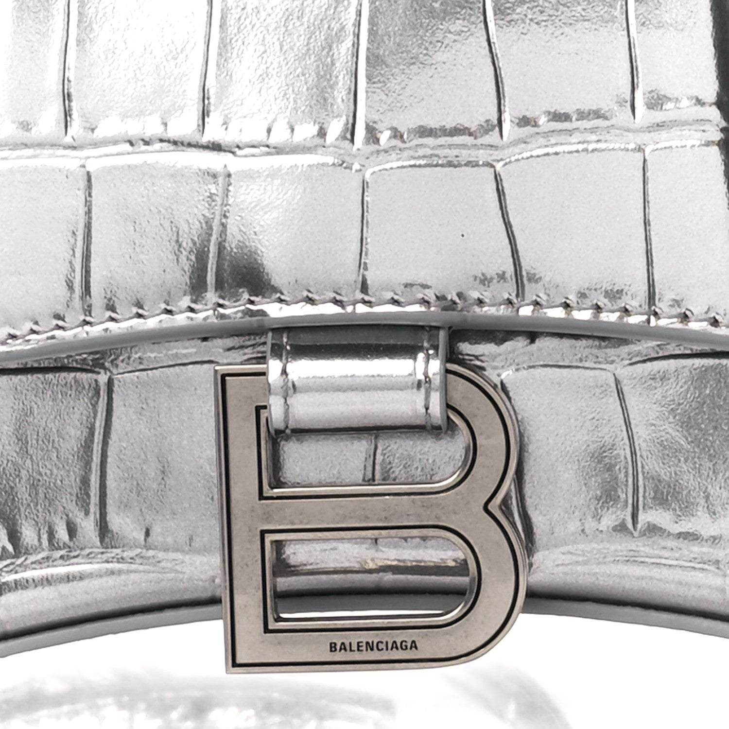 Balenciaga Metallic Shiny Calfskin Crocodile Embossed Hourglass Top Handle Bag XS Aluminum 9 of 11